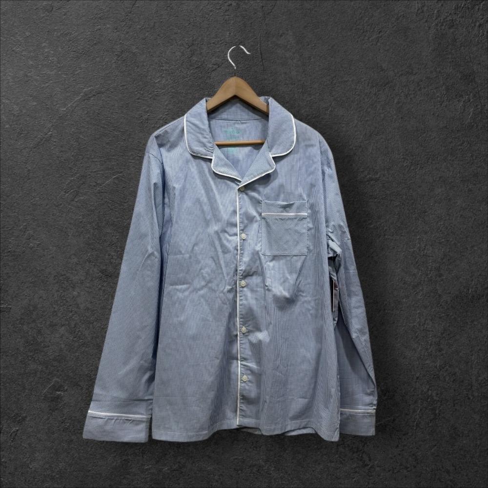Tommy John Mens XL‎ Woven Pajama Top Light Blue Grid Long Sleeve Button Up NWT